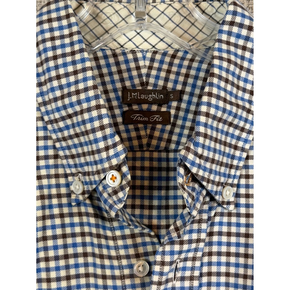 J.McLaughlin Mens S Trim Fit Gingham Check Button Down 100% Egyptian Cotton Blue